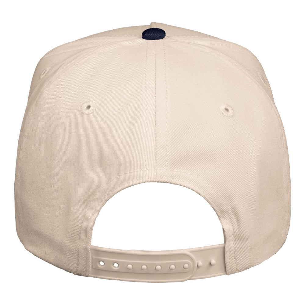 Beige baseball cap with a dark blue button on a white background