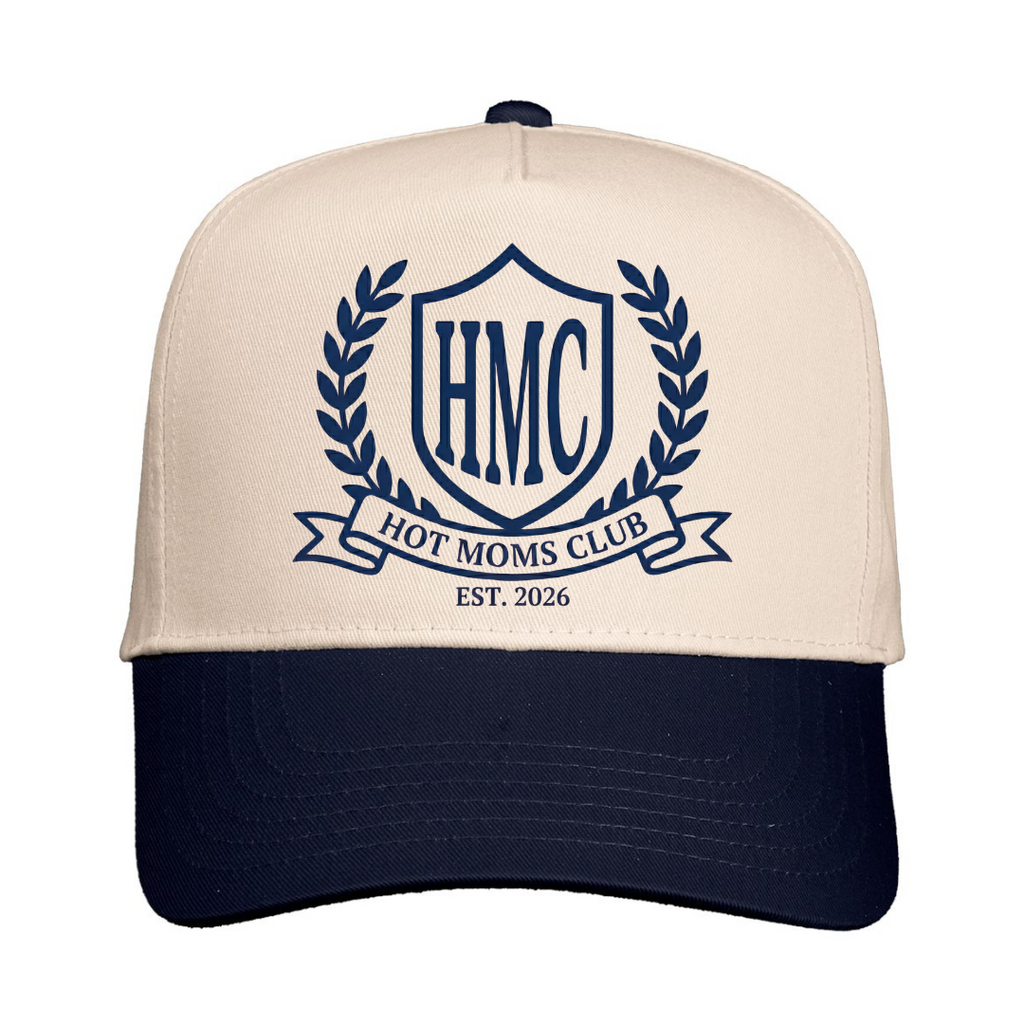 Beige and navy cap with 'HMC Hot Moms Club' logo on a white background