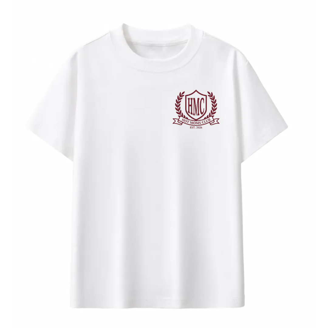 White t-shirt with a red emblem and text on a white background