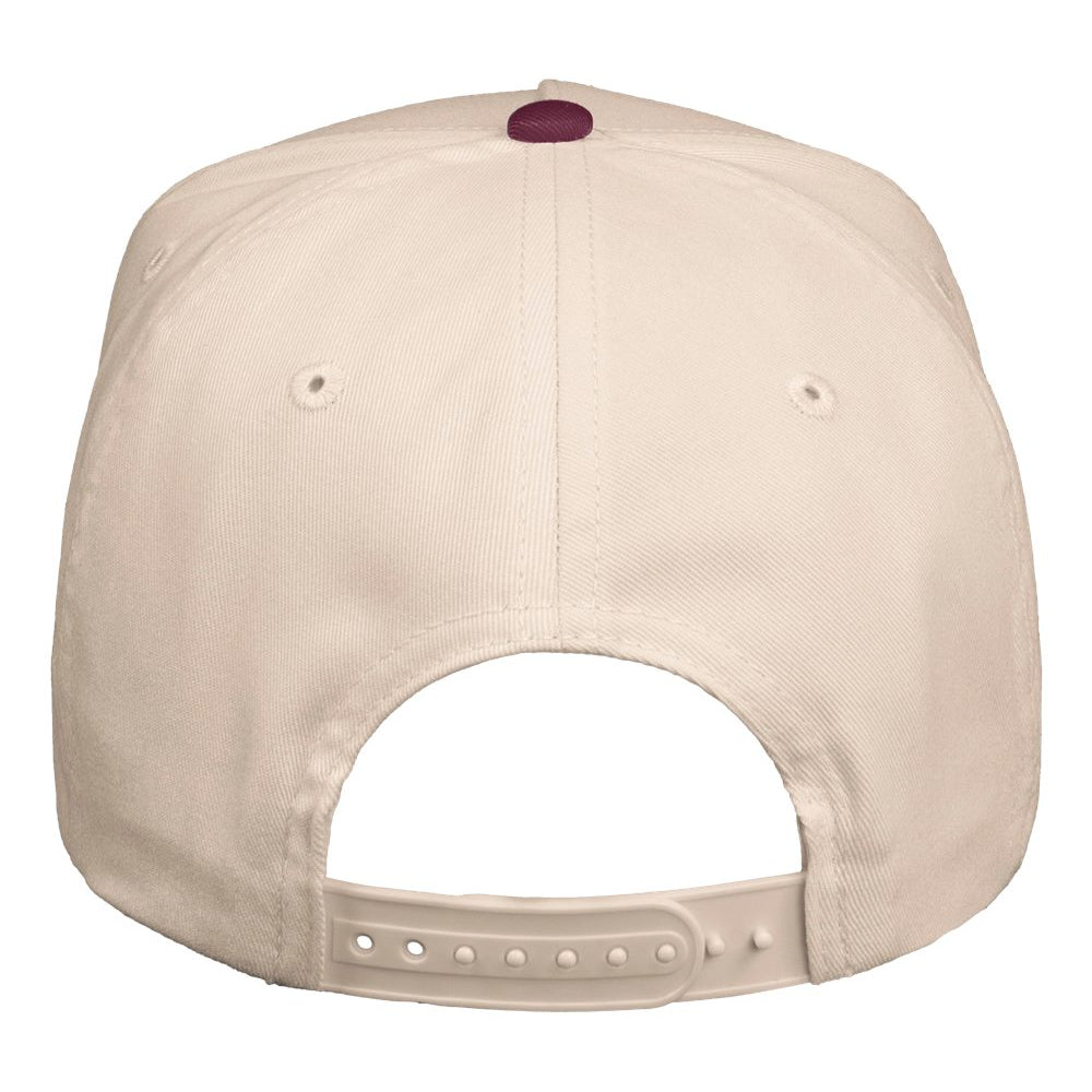 Beige cap with a small maroon button on a white background back view