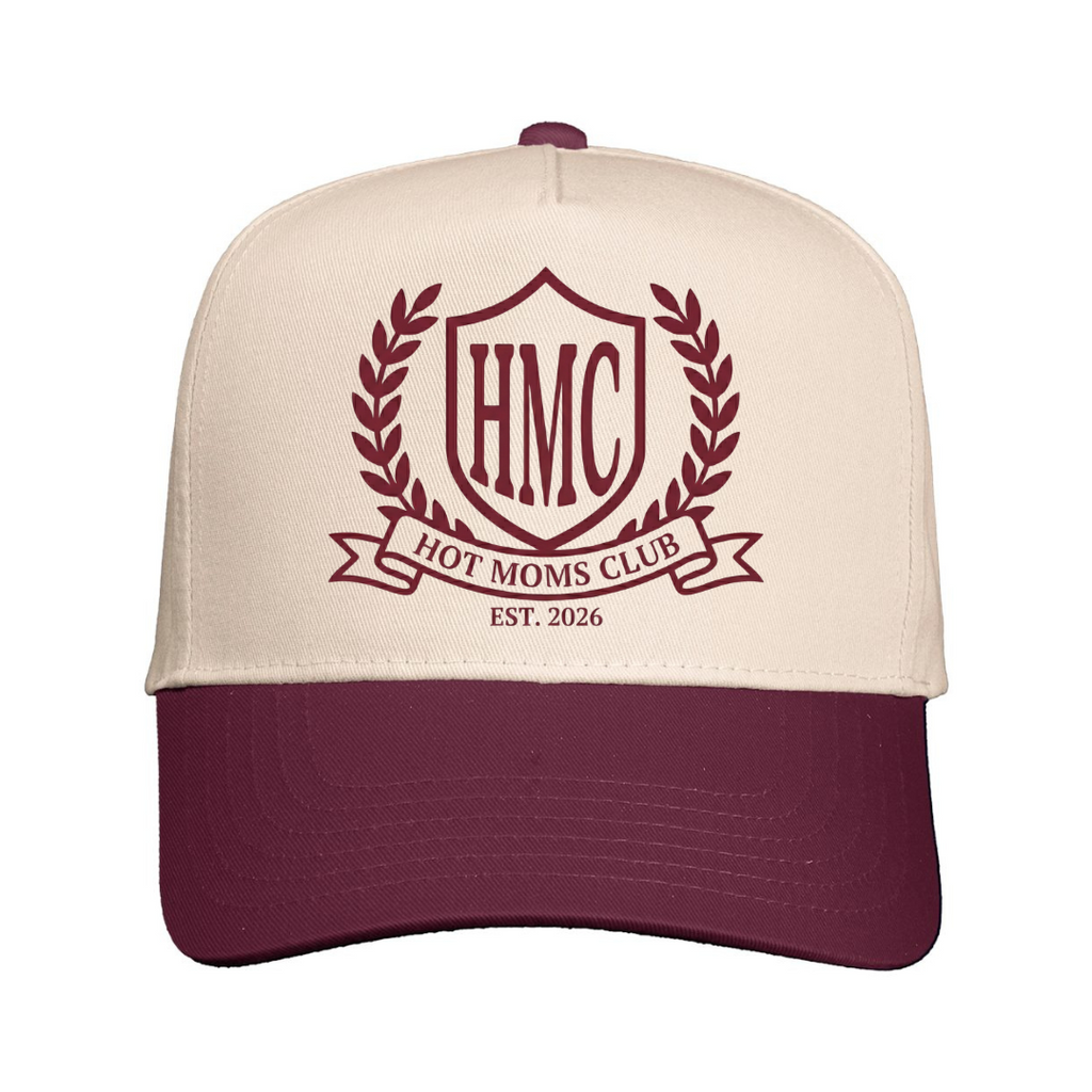 Beige and maroon cap with 'HMC Hot Moms Club' logo on a white background front view