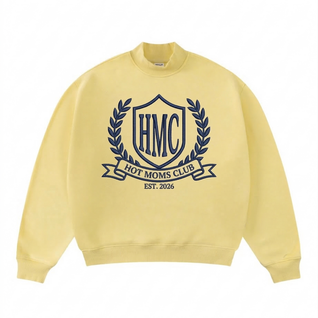 Yellow sweatshirt with 'HMC Hot Moms Club' logo on a white background