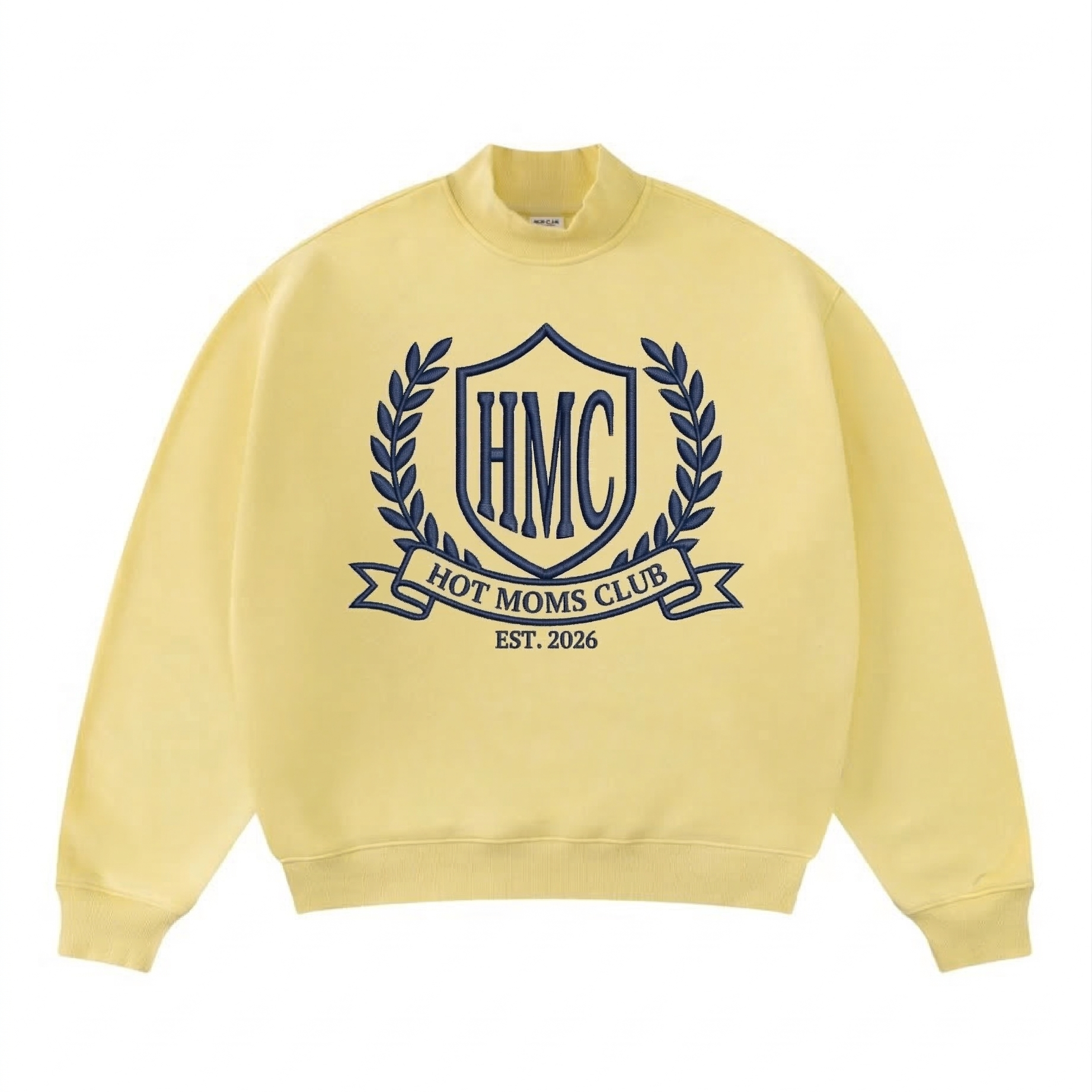 Yellow sweatshirt with 'HMC Hot Moms Club' logo on a white background