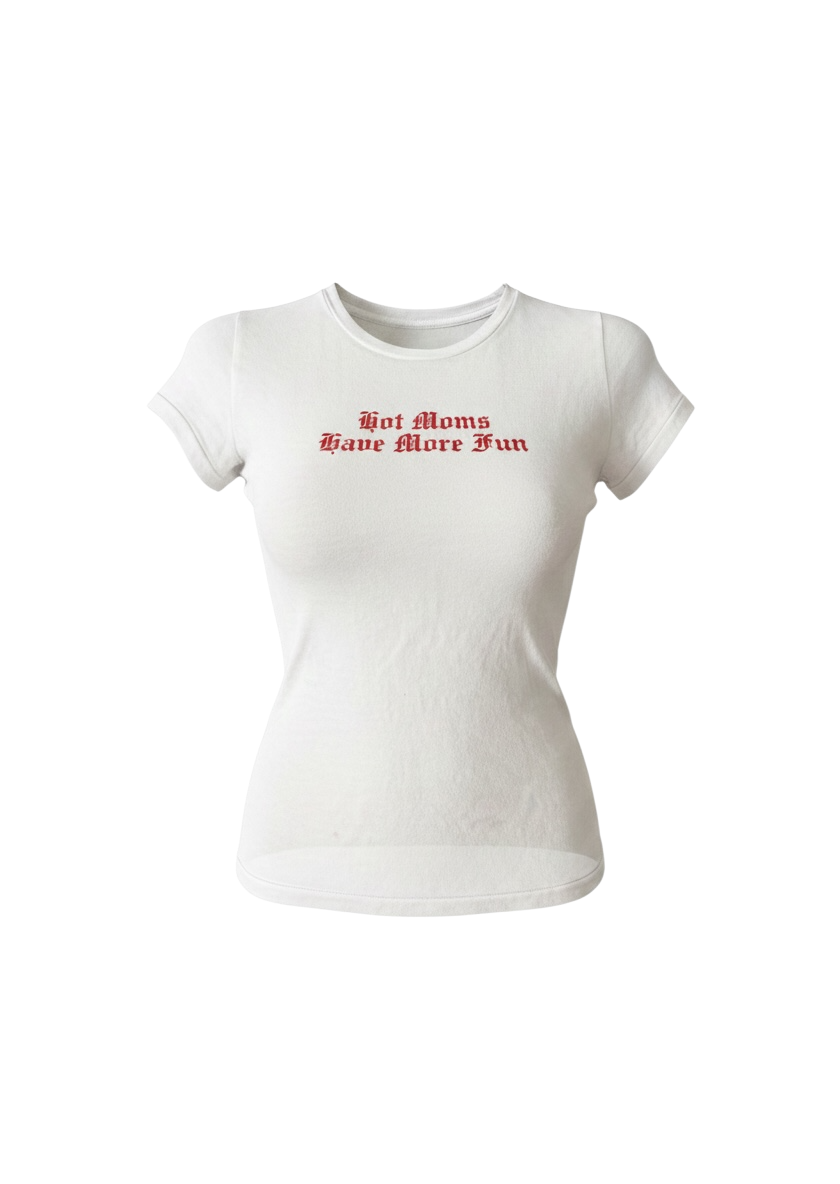 White t-shirt with red text on a white background