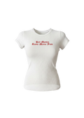 White t-shirt with red text on a white background