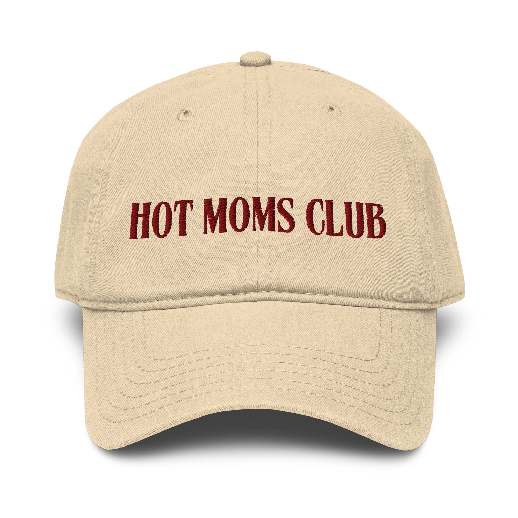 Front view of beige colored baseball cap with HOT MOMS CLUB embroidered on it. 