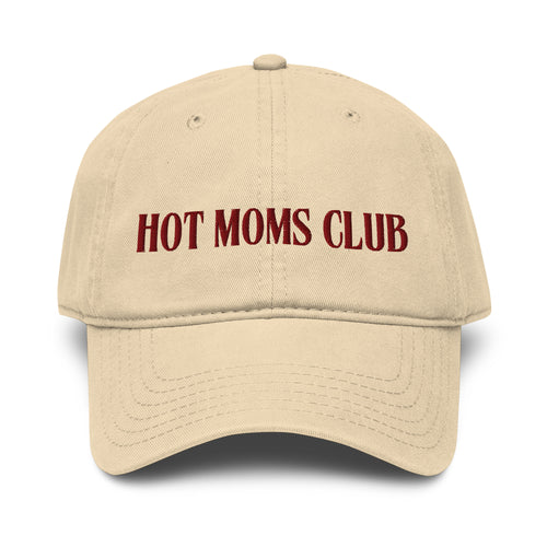 Front view of beige colored baseball cap with HOT MOMS CLUB embroidered on it. 