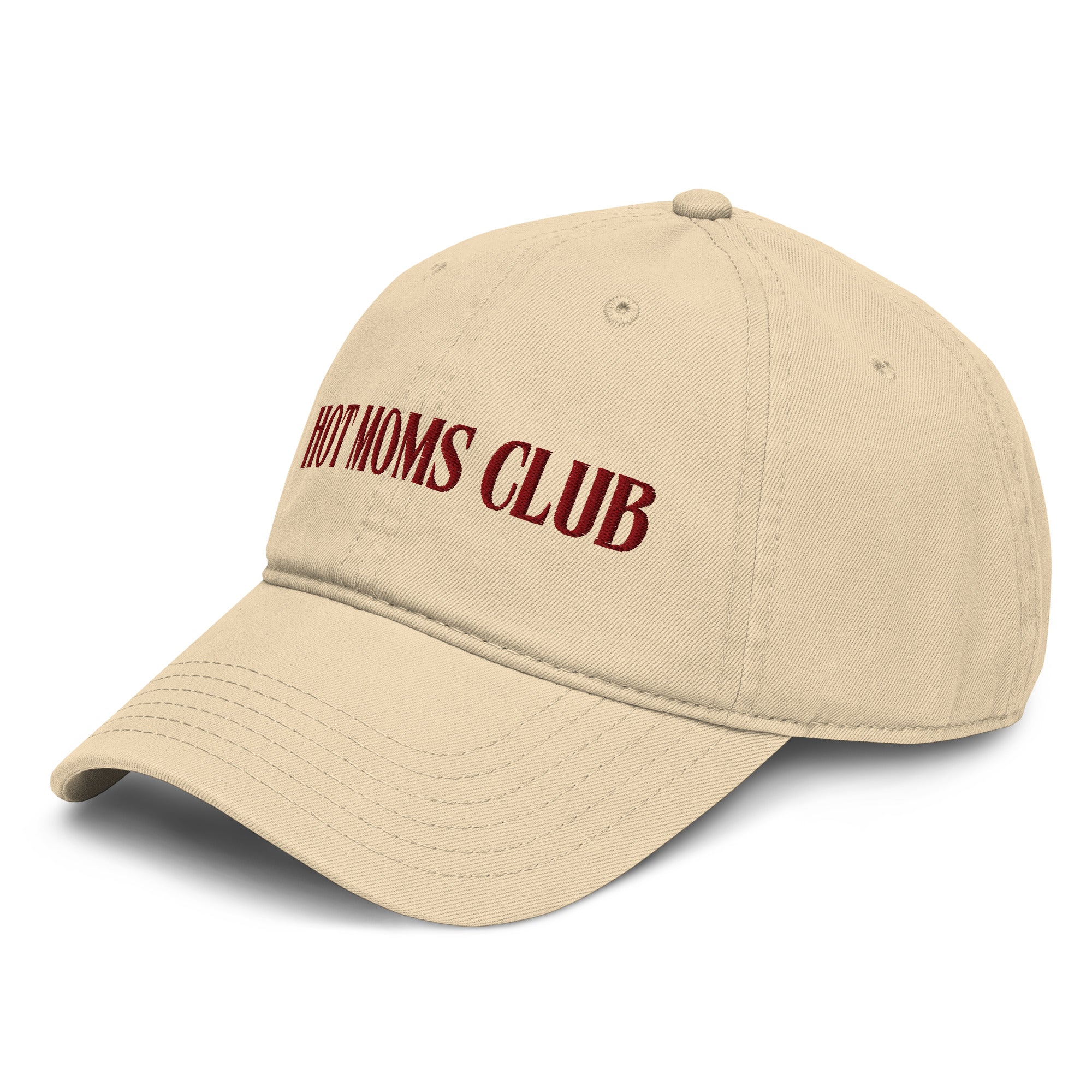 Right side view of beige colored baseball cap with HOT MOMS CLUB embroidered on it. 