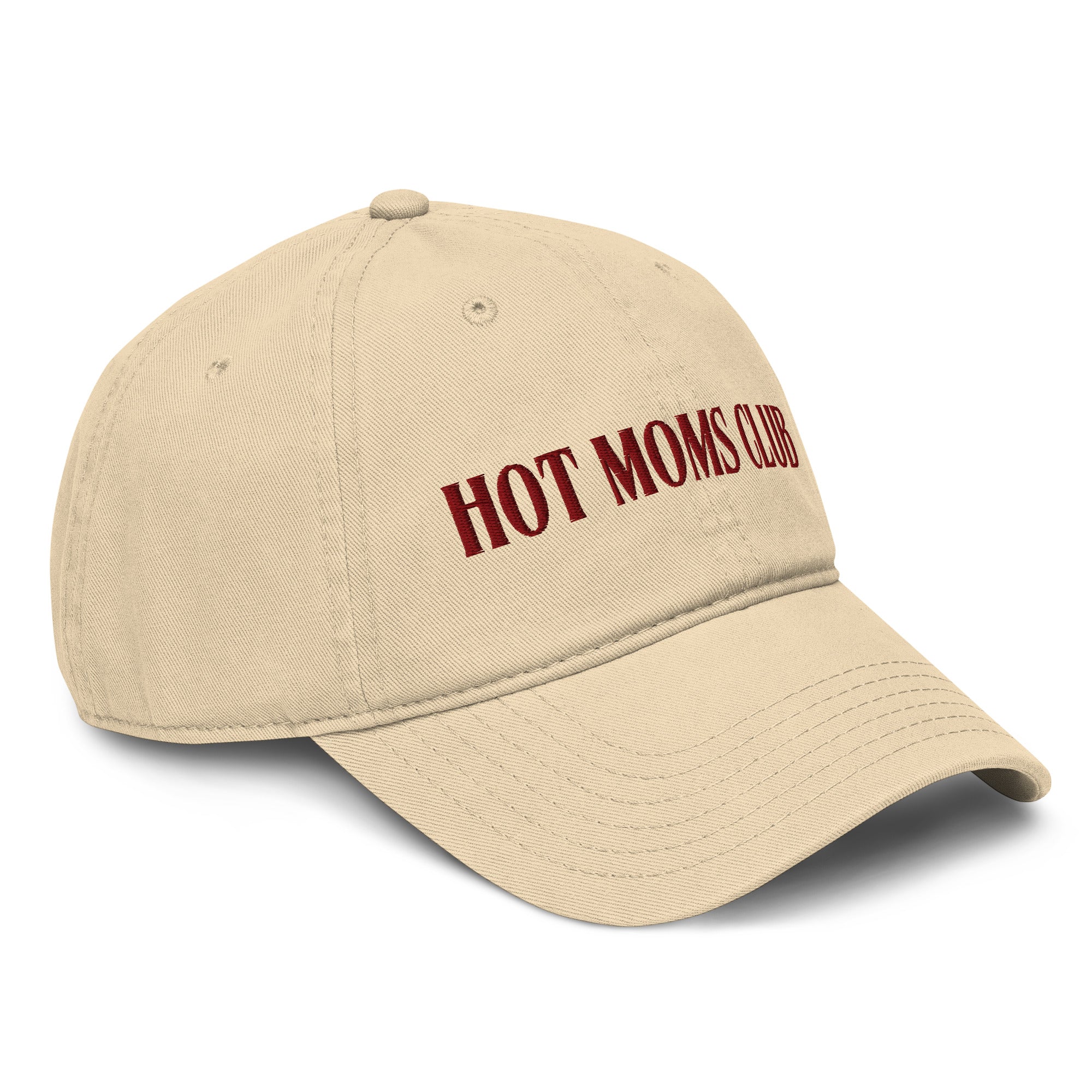 Left side view of beige colored baseball cap with HOT MOMS CLUB embroidered on it. 