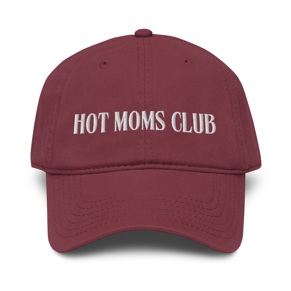 Front view of a burgundy baseball cap with HOT MOMS CLUB embroidered on it