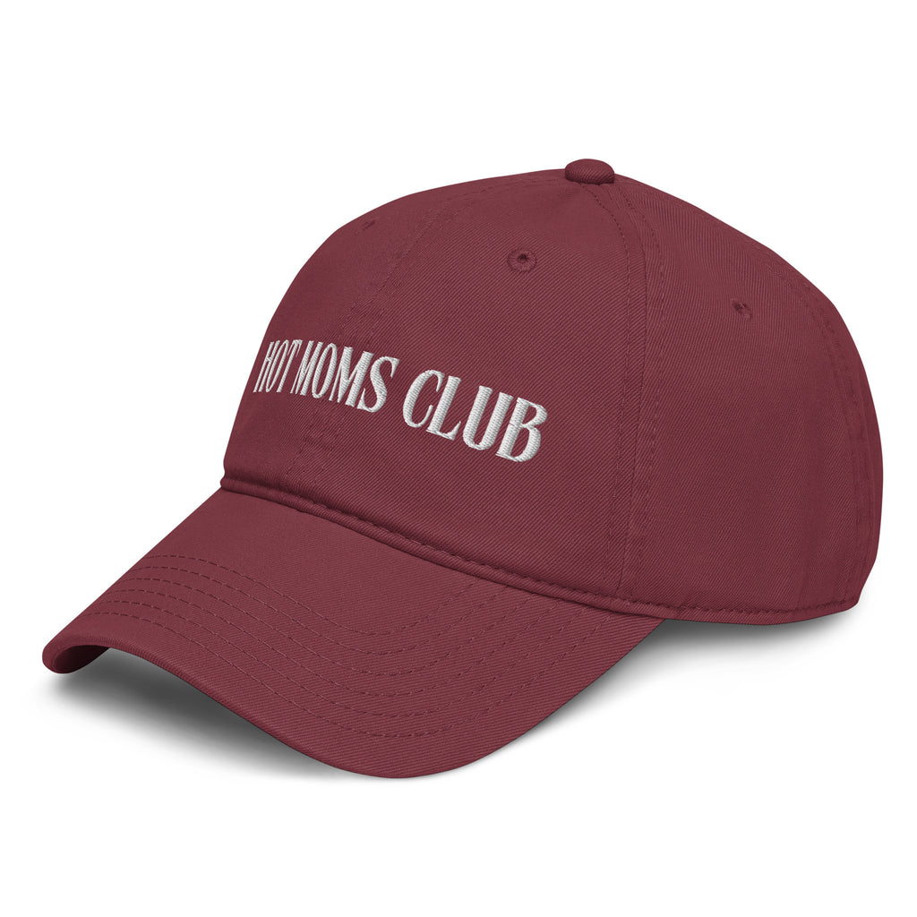 Right side view of a burgundy baseball cap with HOT MOMS CLUB embroidered on it