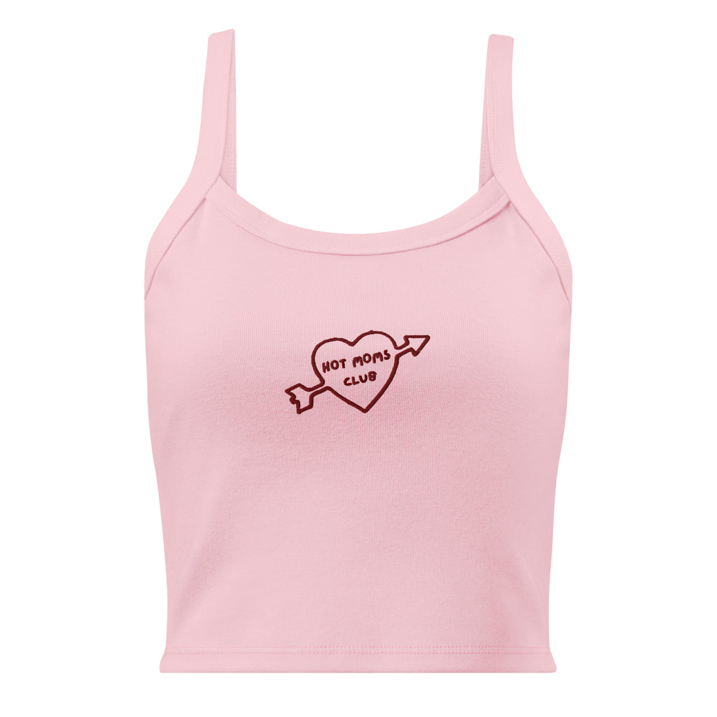 Front view of a pink cropped tank top with 'Hot Moms Club' inside of a heart with an arrow through it embroidered