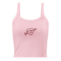 Front view of a pink cropped tank top with 'Hot Moms Club' inside of a heart with an arrow through it embroidered