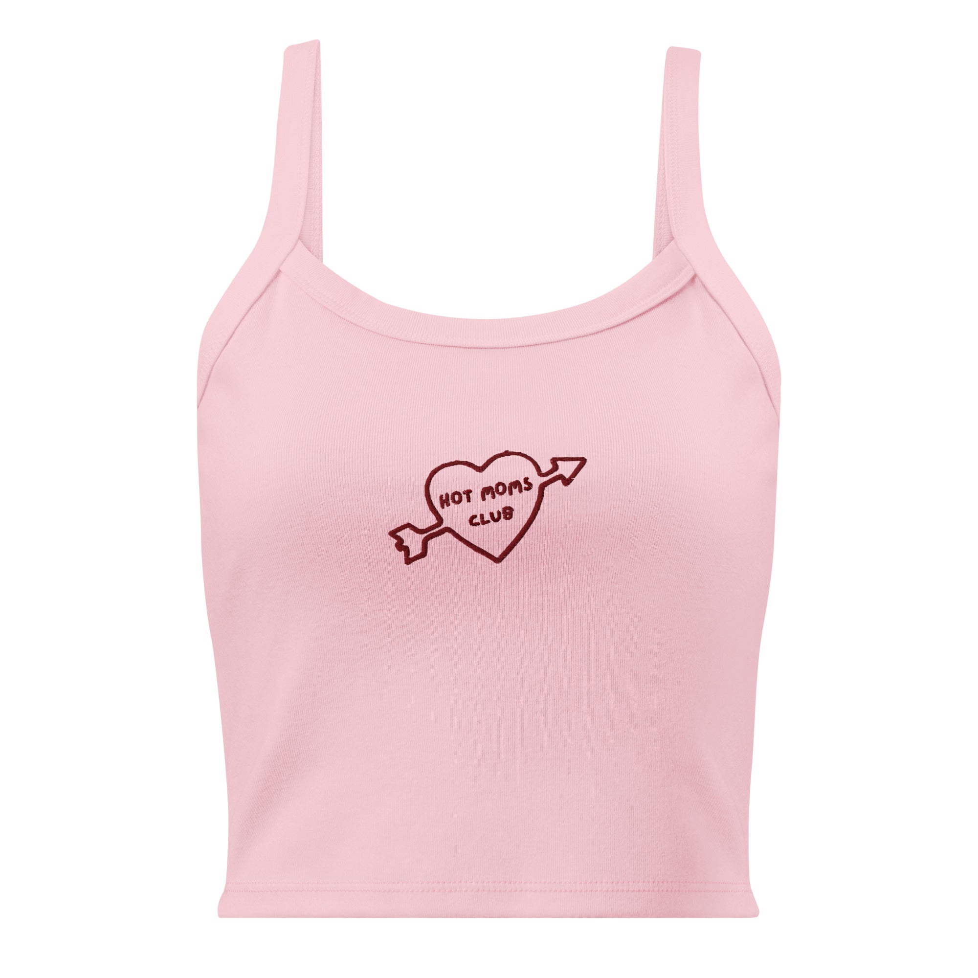 Front view of a pink cropped tank top with 'Hot Moms Club' inside of a heart with an arrow through it embroidered