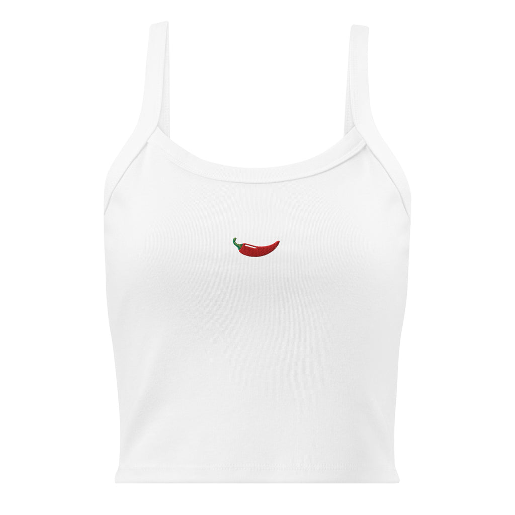 Front view of a white cropped tank top with a chili pepper design