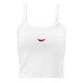 Front view of a white cropped tank top with a chili pepper design