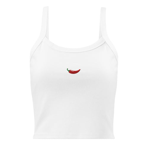 Front view of a white cropped tank top with a chili pepper design