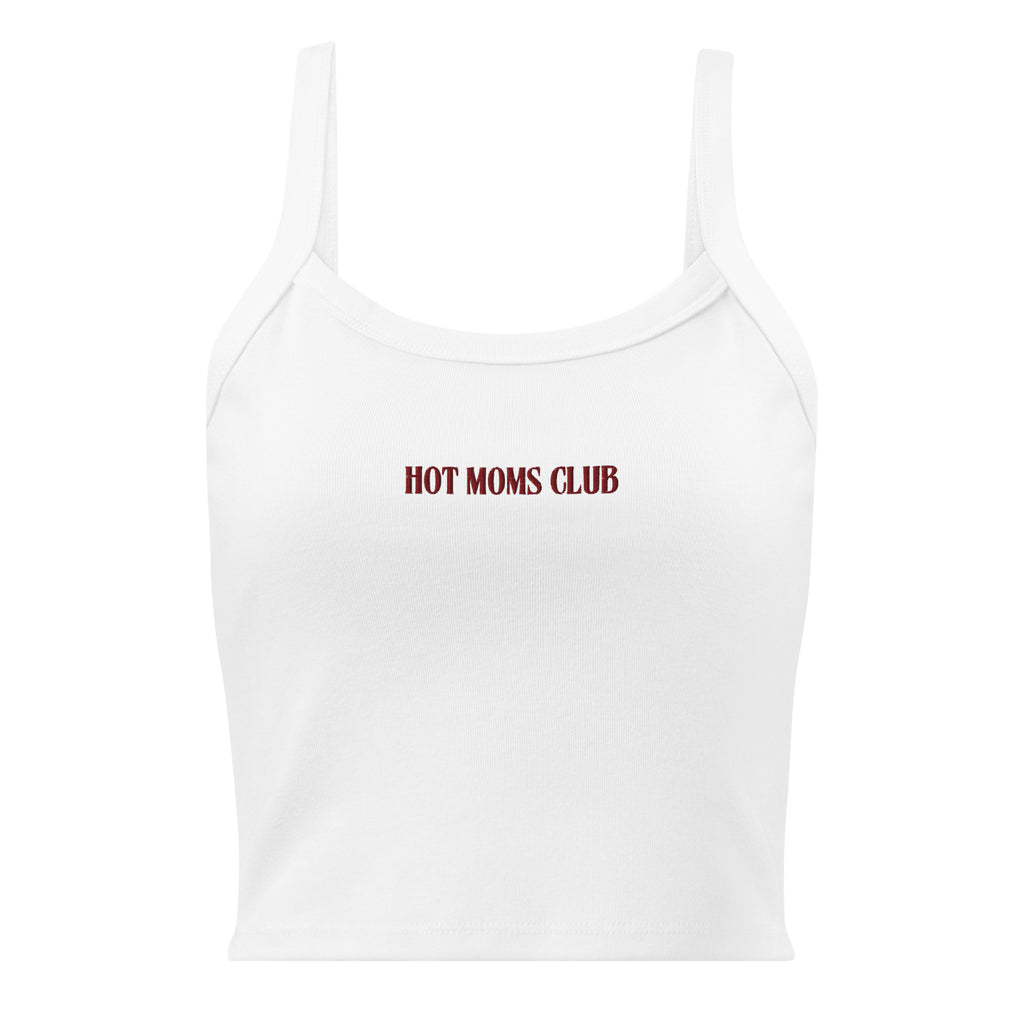 Front view of a white cropped tank top with HOT MOMS CLUB in burgundy embroidery