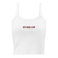 Front view of a white cropped tank top with HOT MOMS CLUB in burgundy embroidery